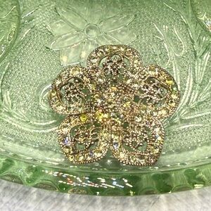 Gold-tone Filigree Flower Brooch with Sparkling Rhinestones